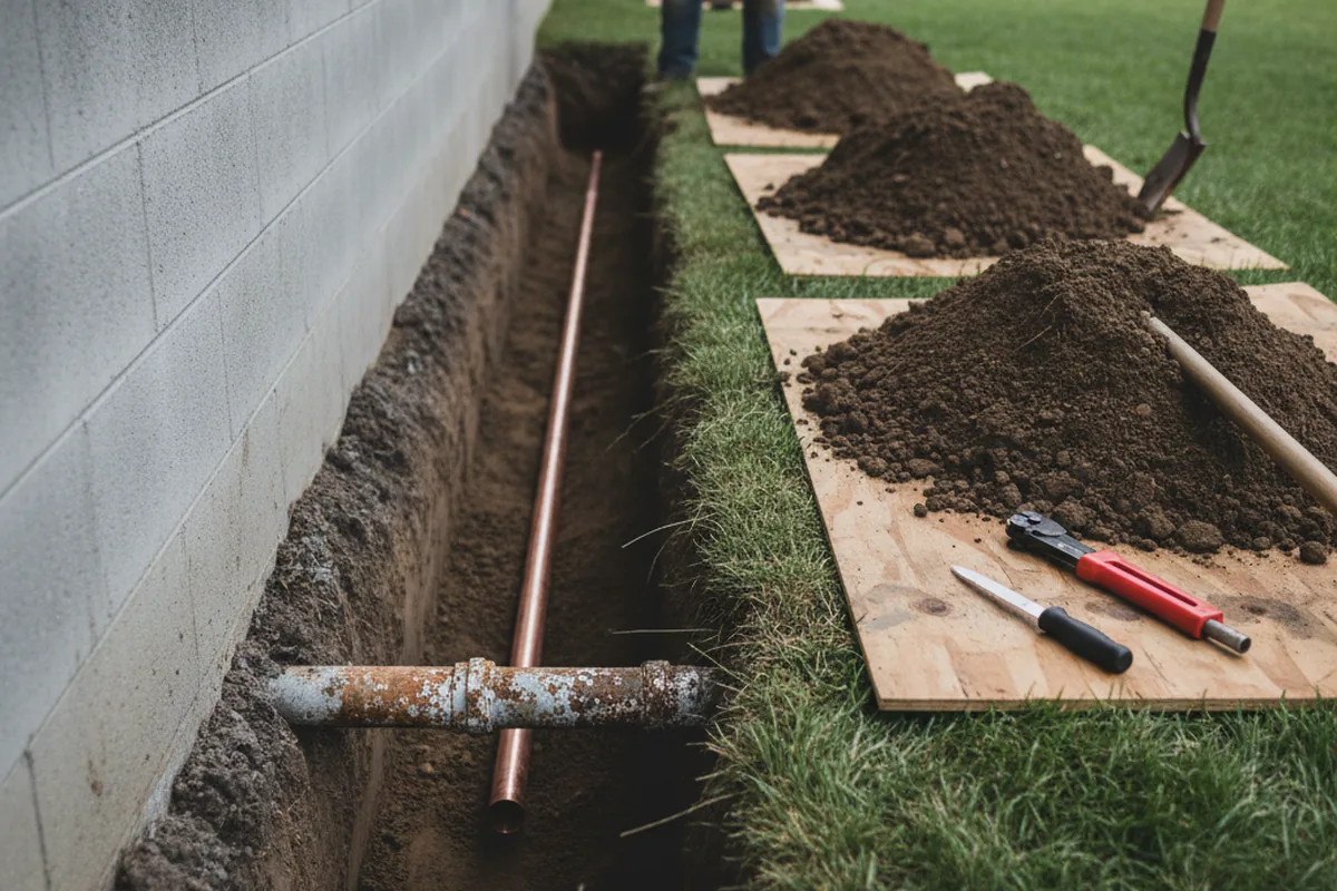 Excavated water line trench during Water Softener Installation in Maryland
